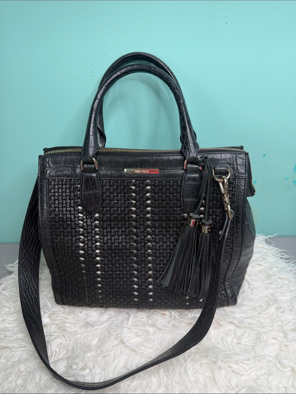 Brahmin Black Carolina Leather Woven Tote Bag with Tassel .